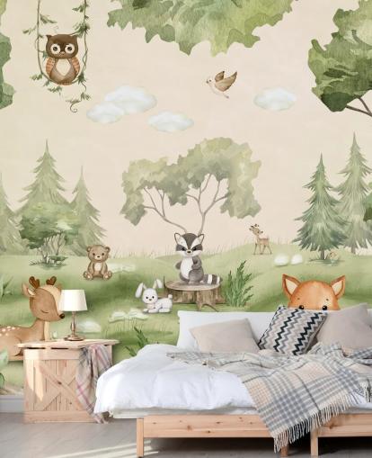 Cute Nursery Wall Mural with woodland animals