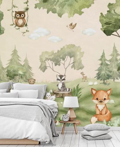 Cute Nursery Wall Mural with woodland animals