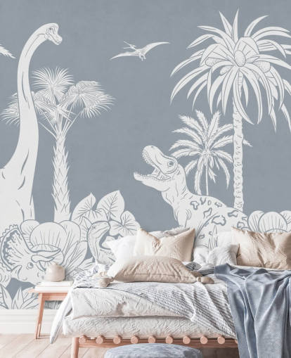 blauwe dinosaurus muurschildering