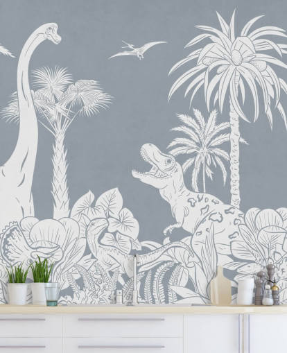 carta da parati murale con dinosauri blu