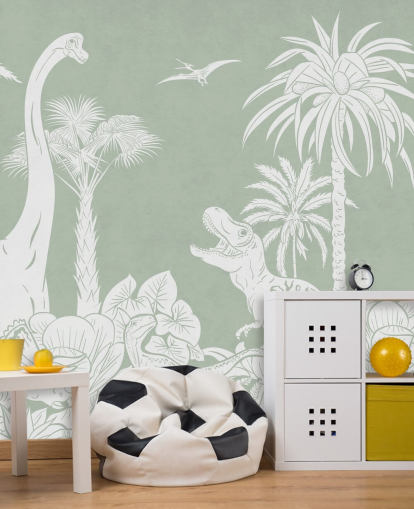 Groene dinosaurus behangmuurschildering voor de kinderkamer