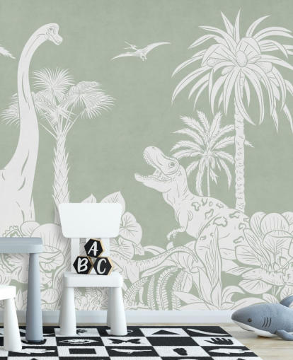 mural de pared de dinosaurio verde para dormitorio infantil