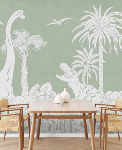 Green dinosaur wallpaper wall mural for kids bedroom