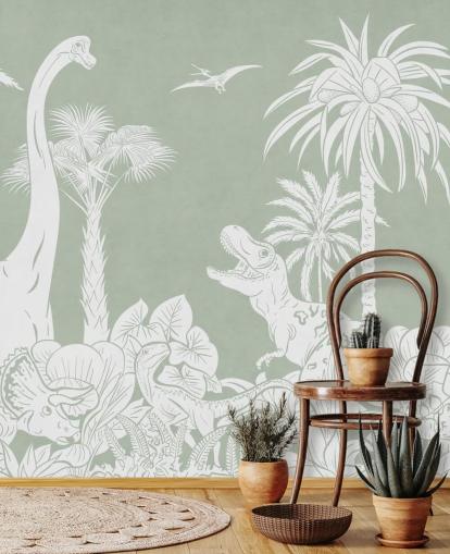 Groene dinosaurus behangmuurschildering voor de kinderkamer