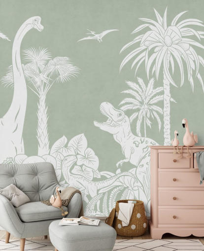 mural de pared de dinosaurio verde para dormitorio infantil