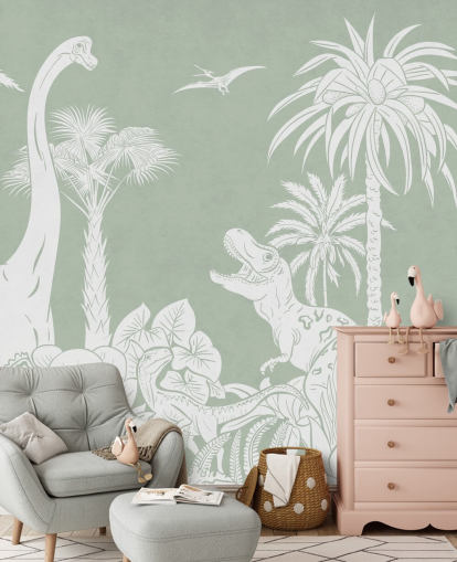 Mural de parede de papel de parede de dinossauro verde para quarto de crianças Mural de parede de papel de parede de dinossauro verde para quarto de crianças