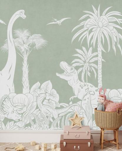 Papier peint dinosaure vert pour chambre d'enfant