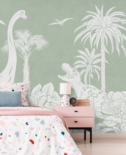 mural de pared de dinosaurio verde para dormitorio infantil