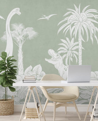Green dinosaur wallpaper wall mural for kids bedroom
