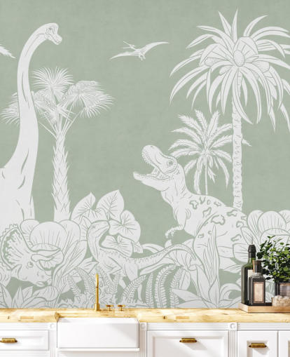 Green dinosaur wallpaper wall mural for kids bedroom