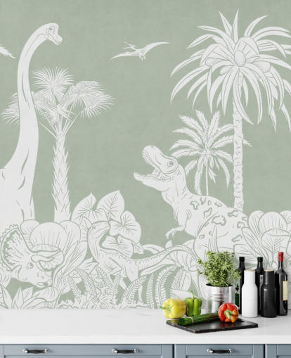 Green dinosaur wallpaper wall mural for kids bedroom
