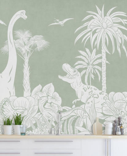 Green dinosaur wallpaper wall mural for kids bedroom