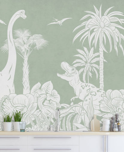 Groene dinosaurus behangmuurschildering voor de kinderkamer Groene dinosaurus behangmuurschildering voor de kinderkamer