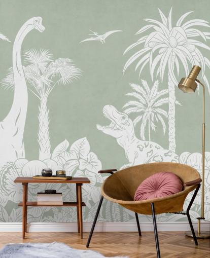 mural de pared de dinosaurio verde para dormitorio infantil