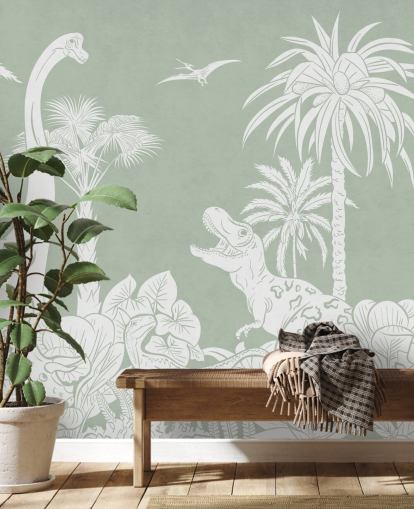 Mural de parede de papel de parede de dinossauro verde para quarto de crianças Mural de parede de papel de parede de dinossauro verde para quarto de crianças