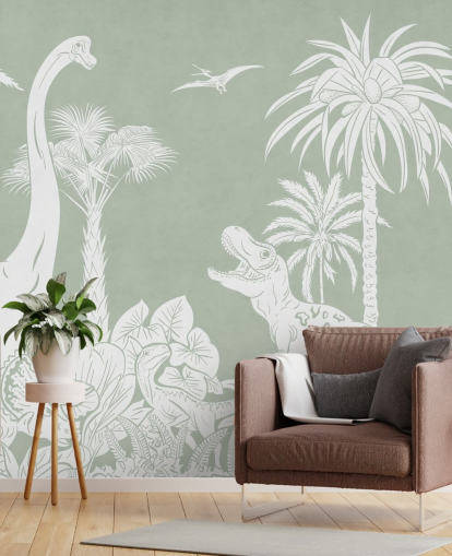 Green dinosaur wallpaper wall mural for kids bedroom