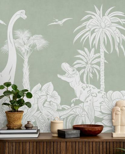 mural de pared de dinosaurio verde para dormitorio infantil