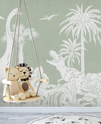 Grön dinosaurie tapet väggmålning för barnens sovrum