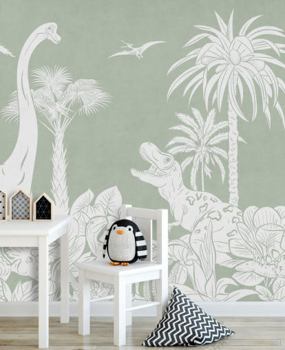 mural de pared de dinosaurio verde para dormitorio infantil