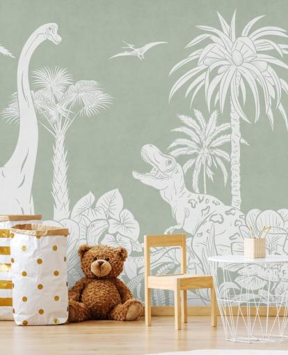 Green dinosaur wallpaper wall mural for kids bedroom