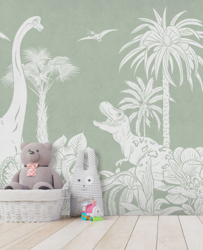 Green dinosaur wallpaper wall mural for kids bedroom