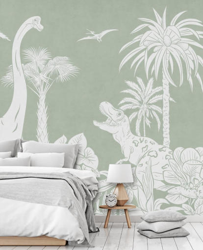 Green dinosaur wallpaper wall mural for kids bedroom