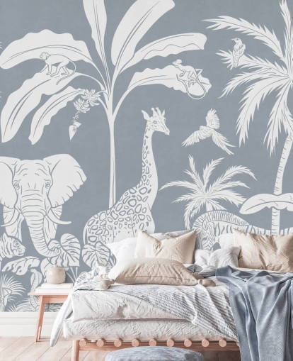 kids jungle wallpaper with animals in blue