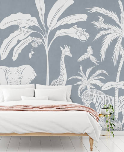 junglebehang voor kinderen met dieren in blauw