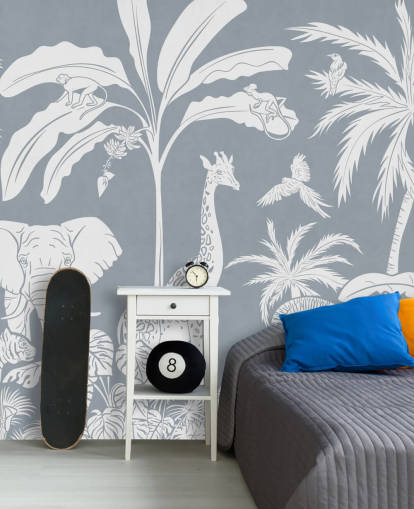 junglebehang voor kinderen met dieren in blauw junglebehang voor kinderen met dieren in blauw