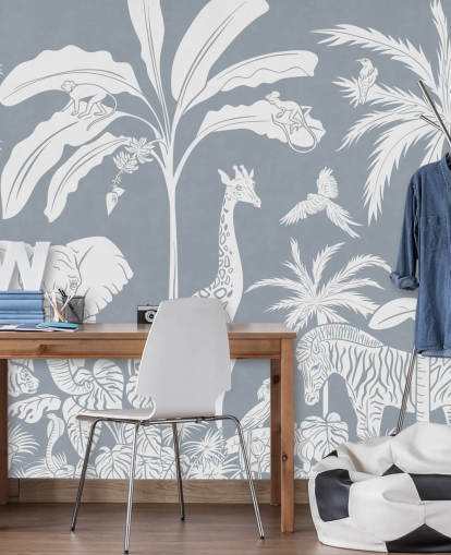 papel de parede infantil da selva com animais em azul papel de parede infantil da selva com animais em azul