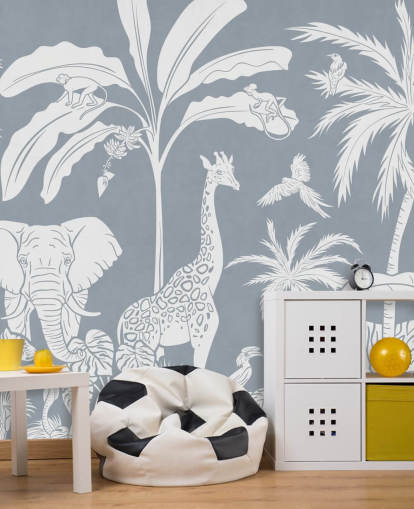 junglebehang voor kinderen met dieren in blauw