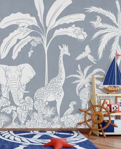 papel pintado de jungla para niños con animales en azul papel pintado de jungla para niños con animales en azul