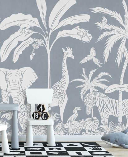 junglebehang voor kinderen met dieren in blauw