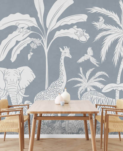 papel pintado de jungla para niños con animales en azul