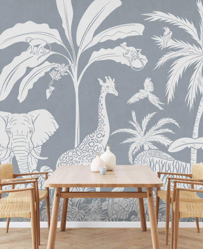 papier peint jungle pour enfants avec des animaux en bleu