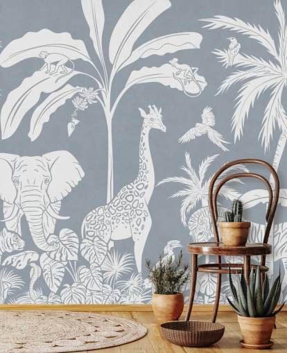 kids jungle wallpaper with animals in blue