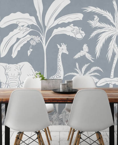 kids jungle wallpaper with animals in blue
