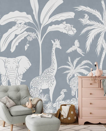 kids jungle wallpaper with animals in blue