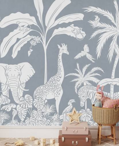 junglebehang voor kinderen met dieren in blauw