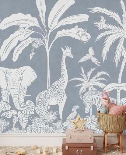 papel de parede infantil da selva com animais em azul
