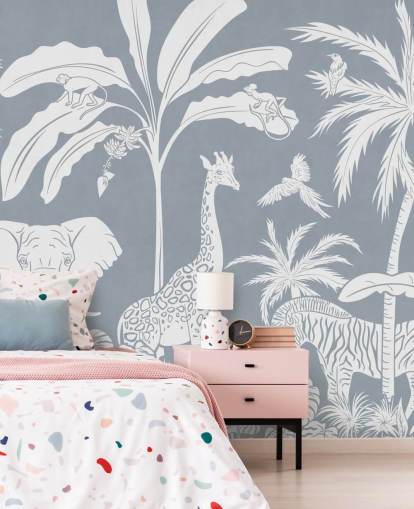 papel pintado de jungla para niños con animales en azul