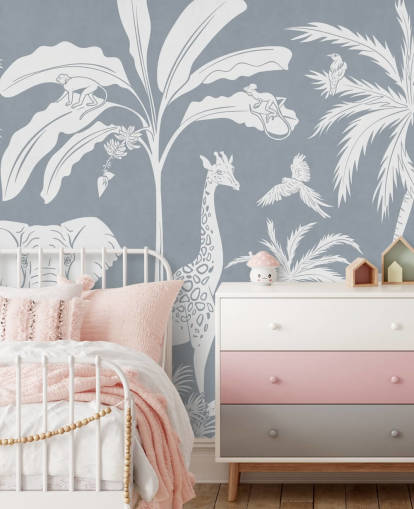 junglebehang voor kinderen met dieren in blauw