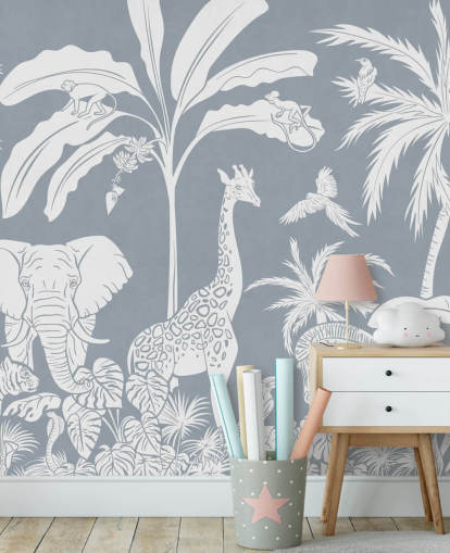 junglebehang voor kinderen met dieren in blauw