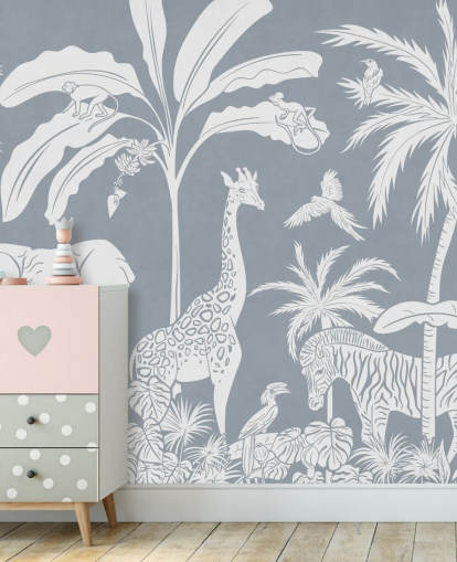 papel pintado de jungla para niños con animales en azul papel pintado de jungla para niños con animales en azul