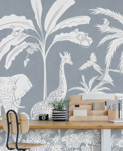 kids jungle wallpaper with animals in blue
