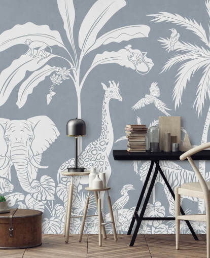 papel de parede infantil da selva com animais em azul