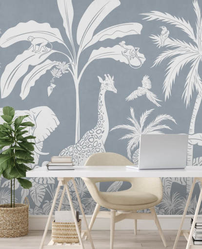 kids jungle wallpaper with animals in blue