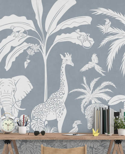 kids jungle wallpaper with animals in blue