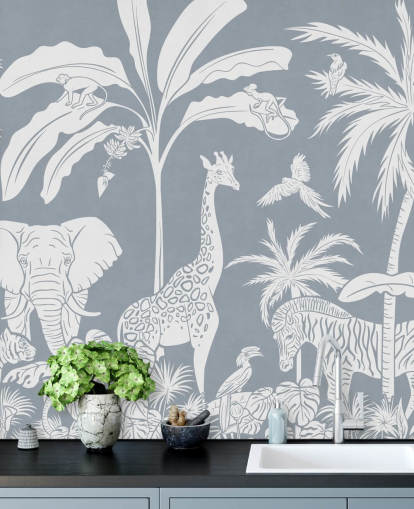 papier peint jungle pour enfants avec des animaux en bleu