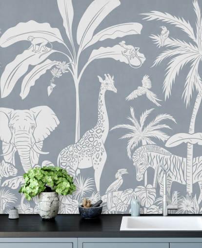 kids jungle wallpaper with animals in blue
